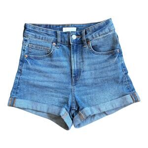 H&M Women’s Size 4 High Waisted Rolled Hem Blue Denim Short Shorts Stretchy